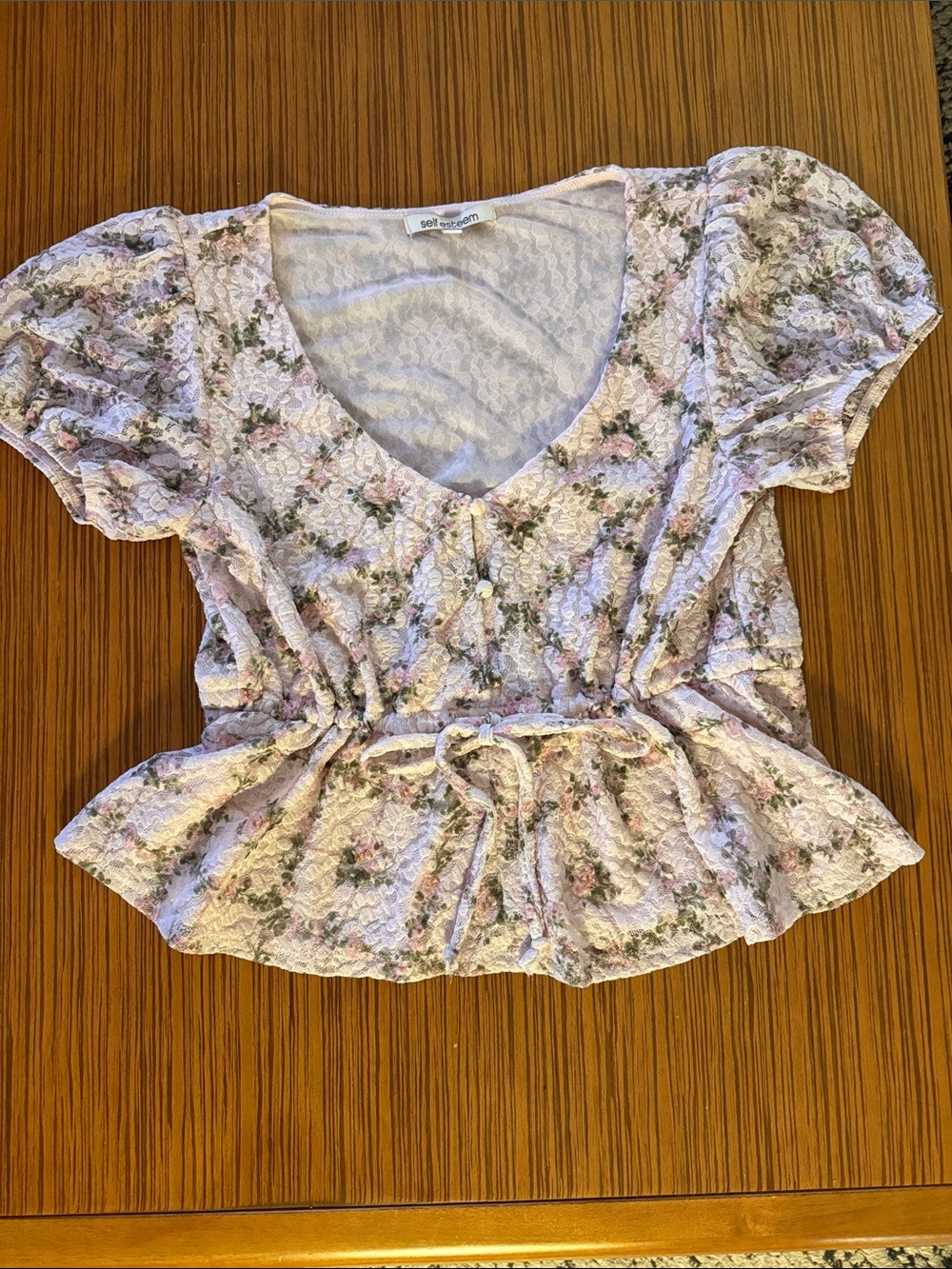Self Esteem Lavender Floral Lace Tie-Waist Blouse